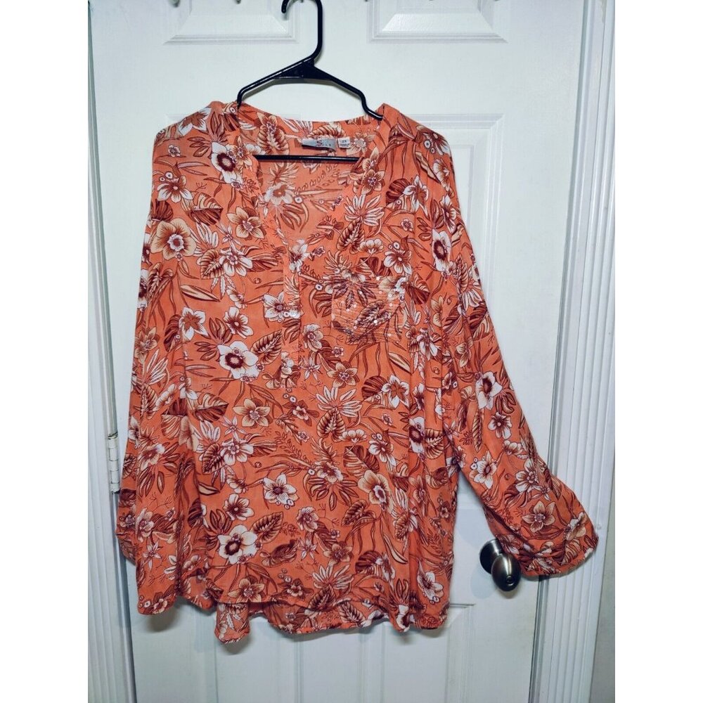 OSO Casuals Floral V-Neck Long Sleeve Peach Pullover Top W Sequins Pocket 2X New